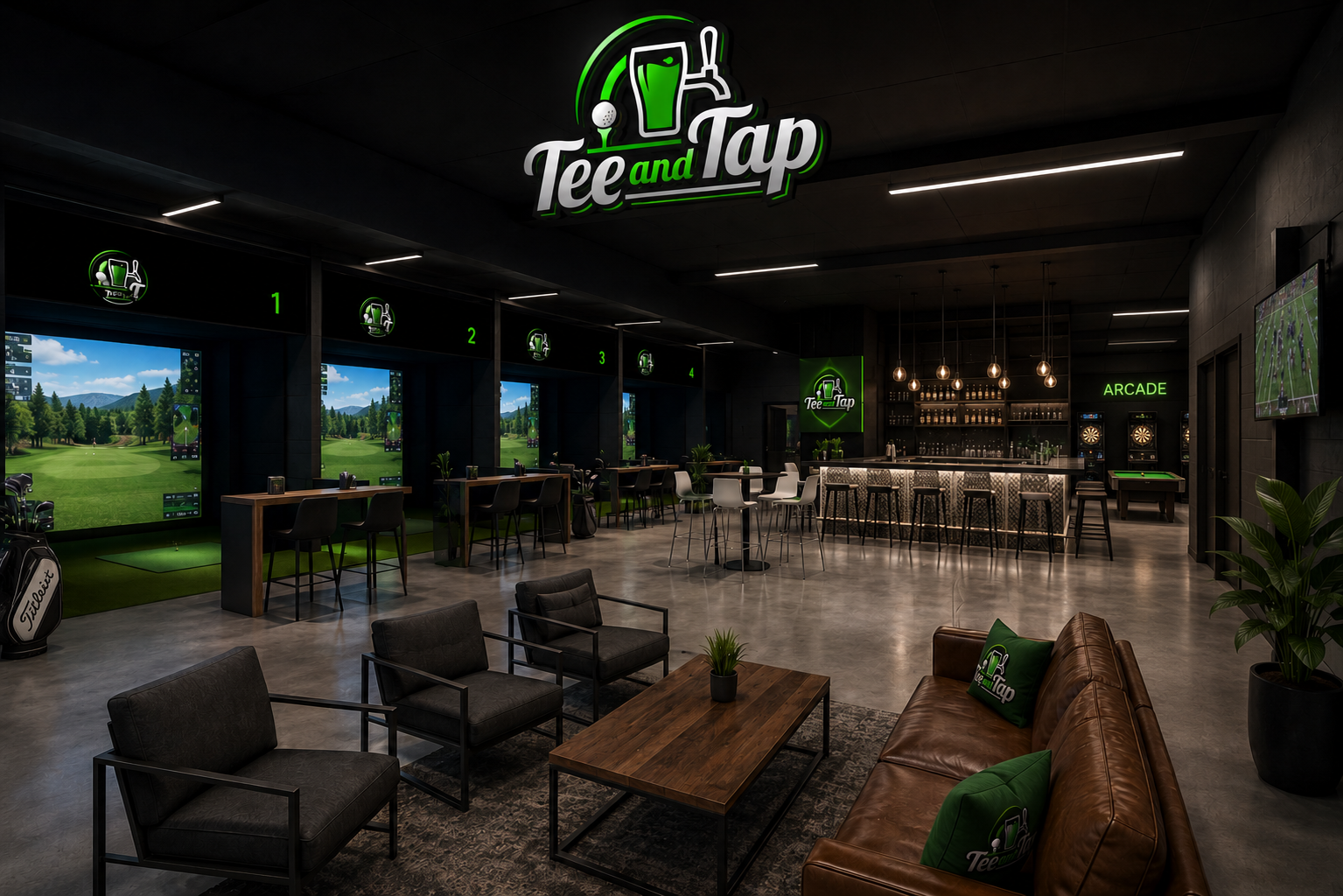 Rendered interior of Tee and Tap showing four simulator bays, a bar, lounge seating and arcade area