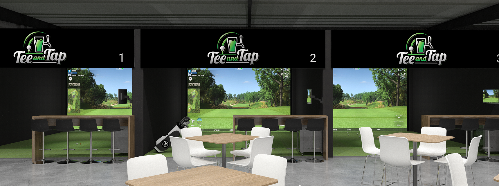 Three Tee and Tap simulator bays with branded headers, tables, and chairs in a modern lounge