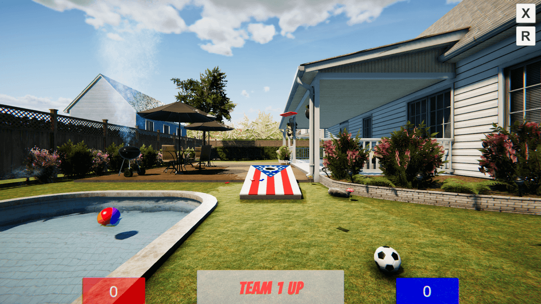 Backyard cornhole game on the simulator screen