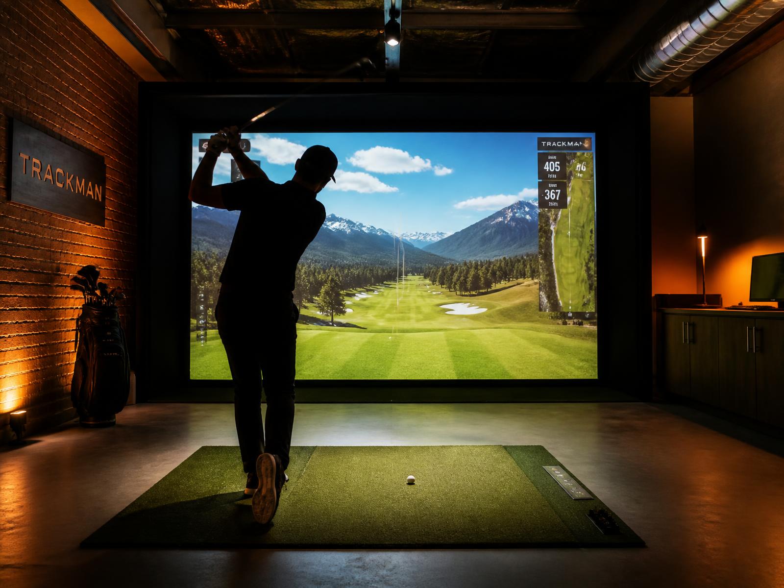 Golfer at the top of the backswing in a Tee and Tap simulator bay
