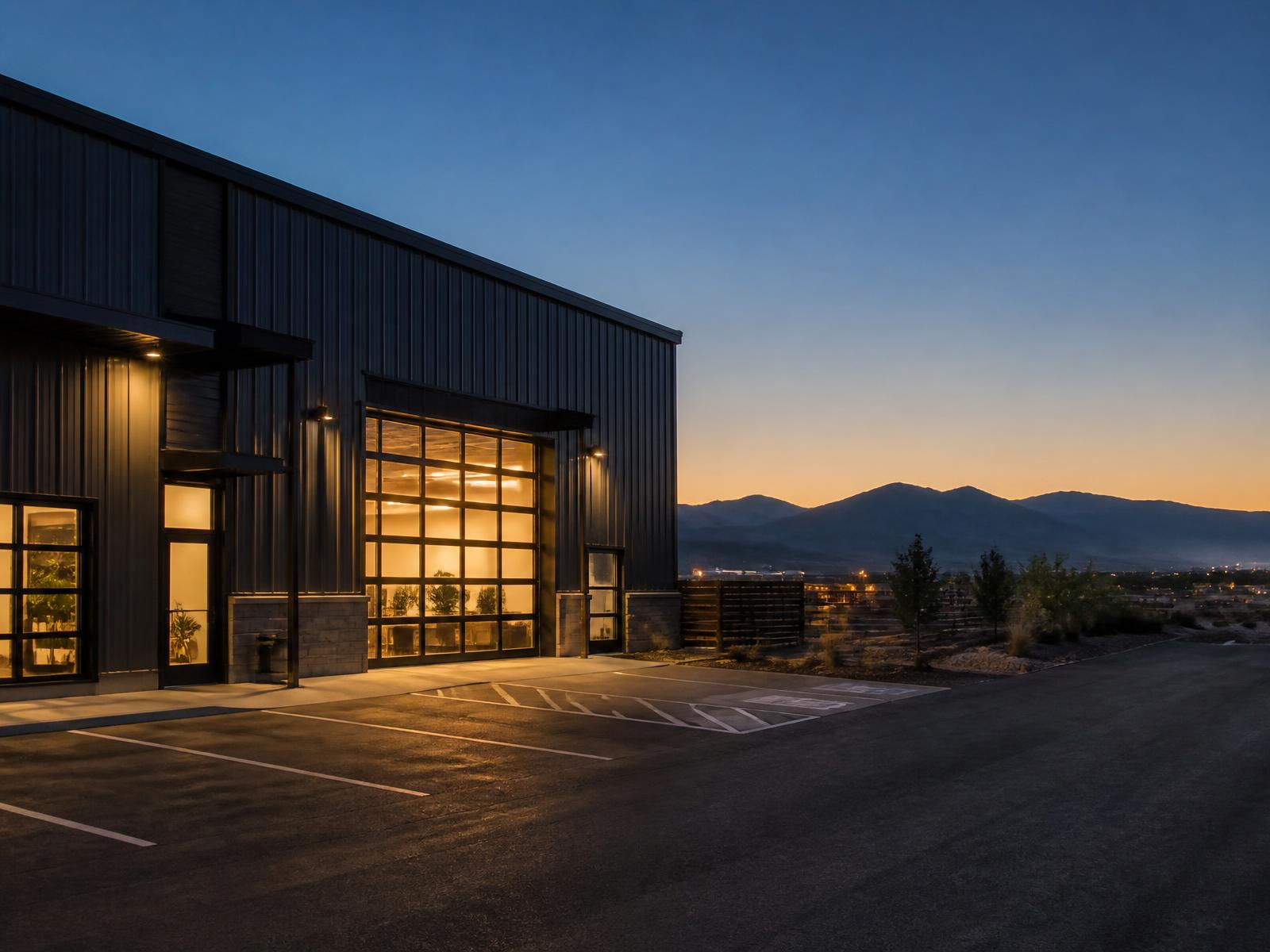 Tee and Tap's warehouse unit at dusk with warm light spilling from the entrance