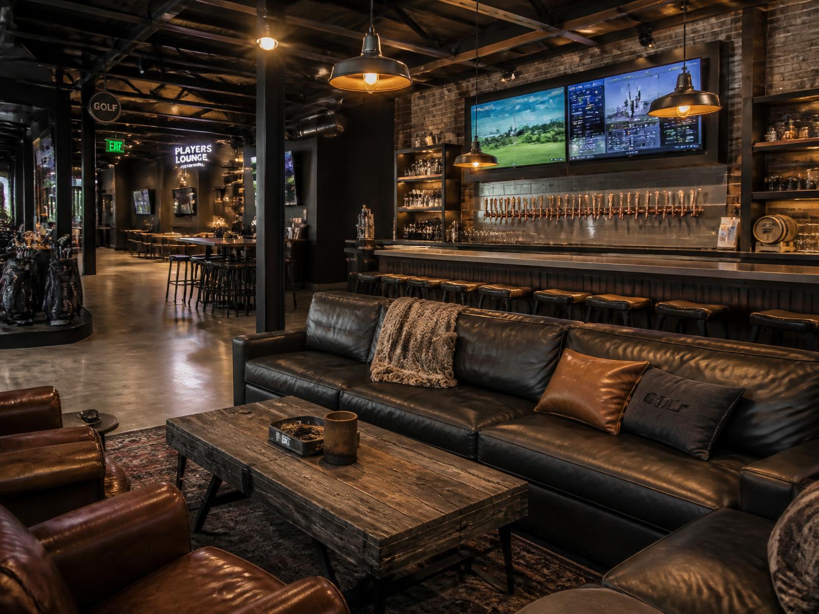 Lounge seating and tap wall beside the simulator bays at Tee and Tap