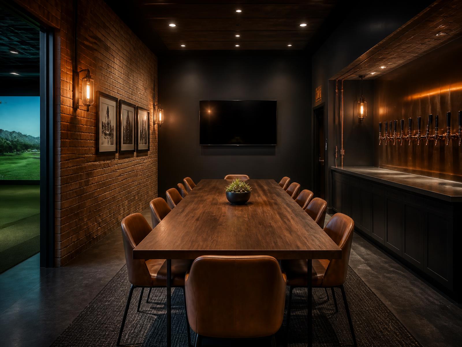 The Tap Room at Tee and Tap with a long table and copper tap wall
